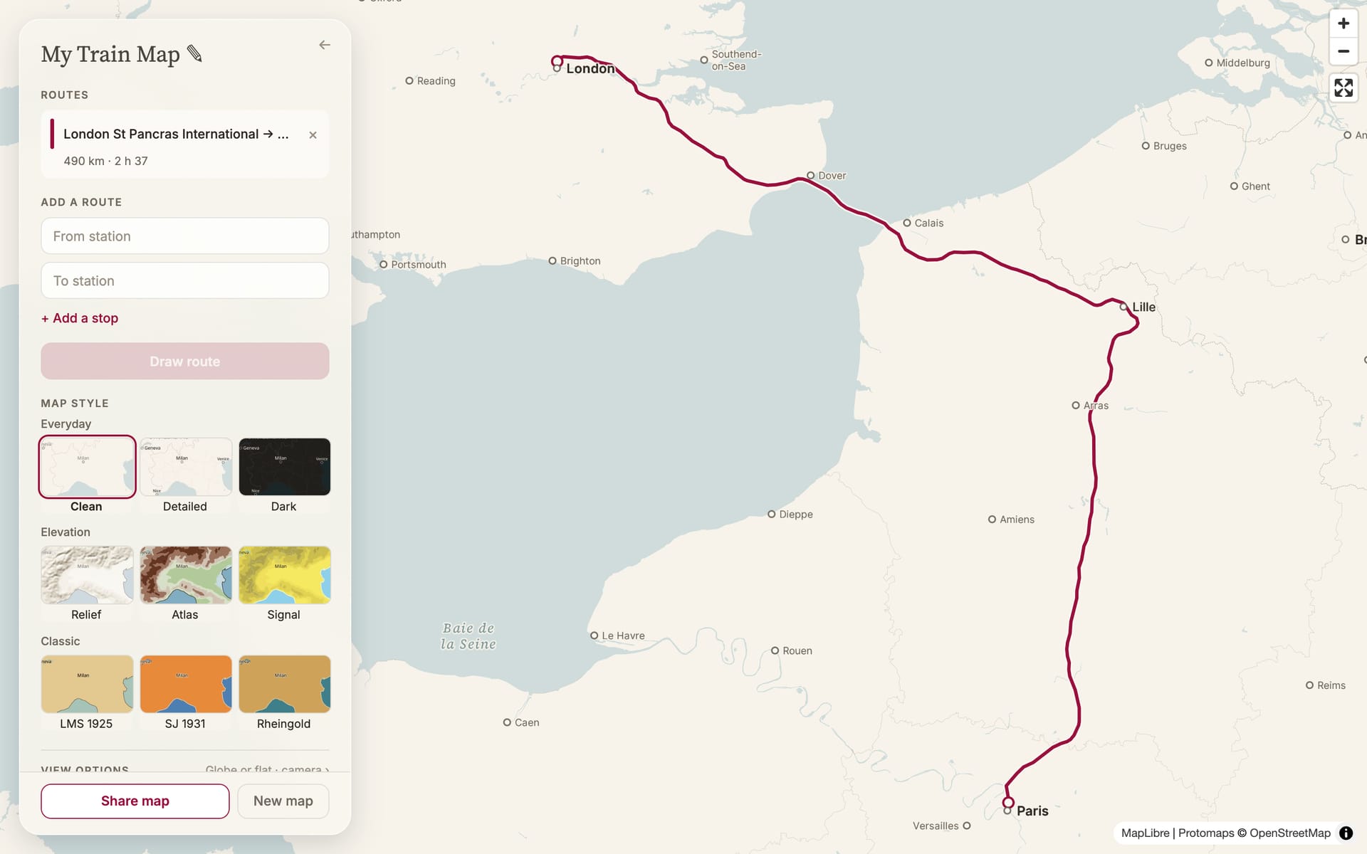Trainmap v2 on desktop, Clean basemap, London to Paris
