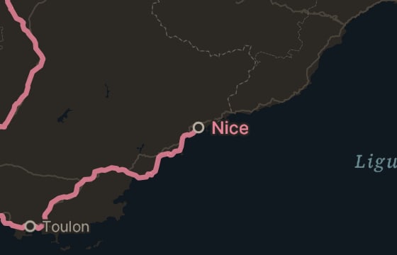 Dark: Nice, not yet named on the map, appears as one of its own labels in rose