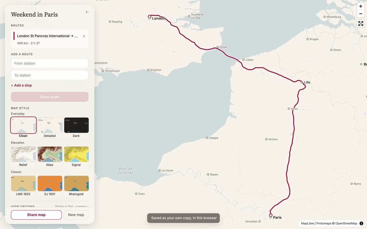 Your own map: London to Paris, titled Weekend in Paris