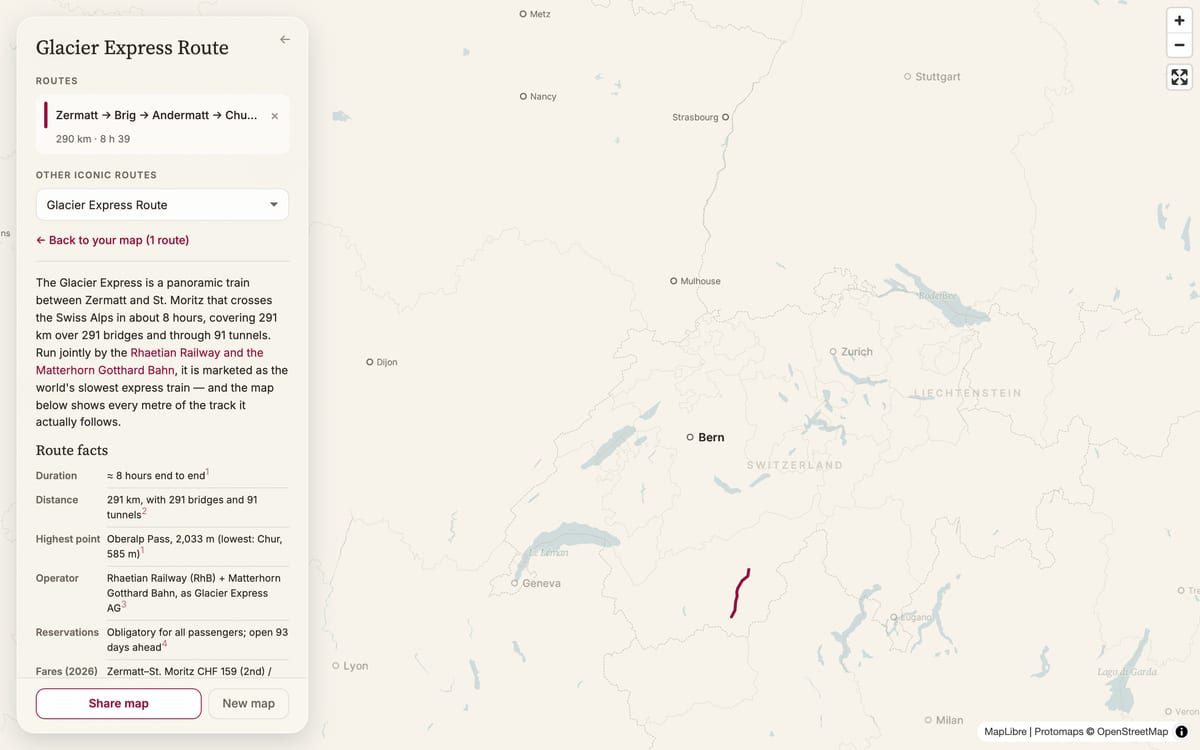 The panel has become the Glacier Express page; the map begins to move