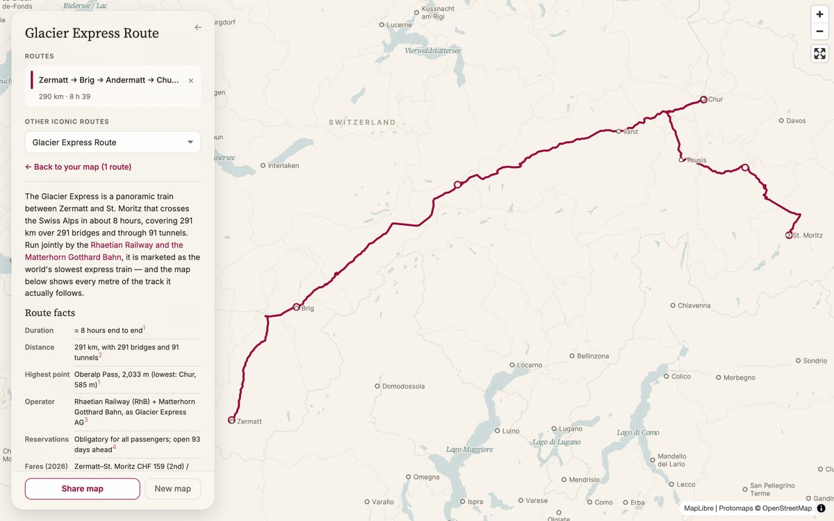 The Glacier Express drawn in the Alps, with the way back to your map in the panel