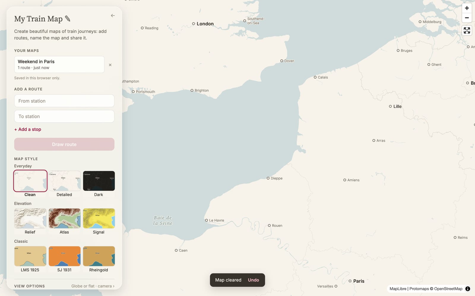 After New map: an empty map, the old one listed under Your maps, and a small Map cleared, Undo note