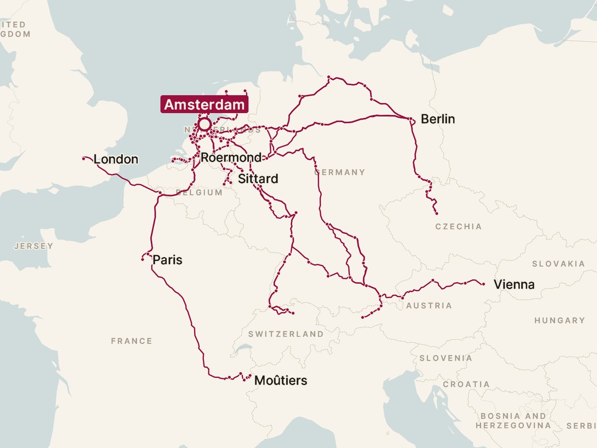 Map of every direct train from Amsterdam