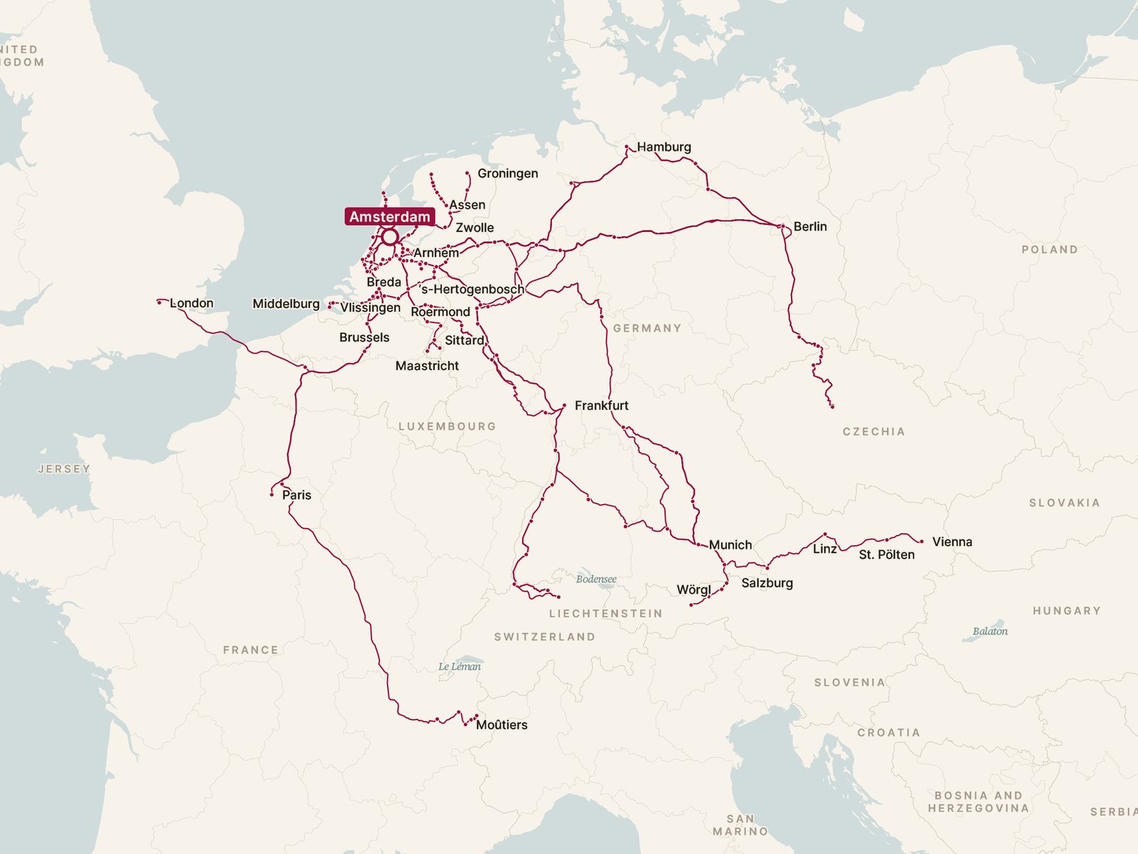 Map of every direct train from Amsterdam, drawn along the tracks