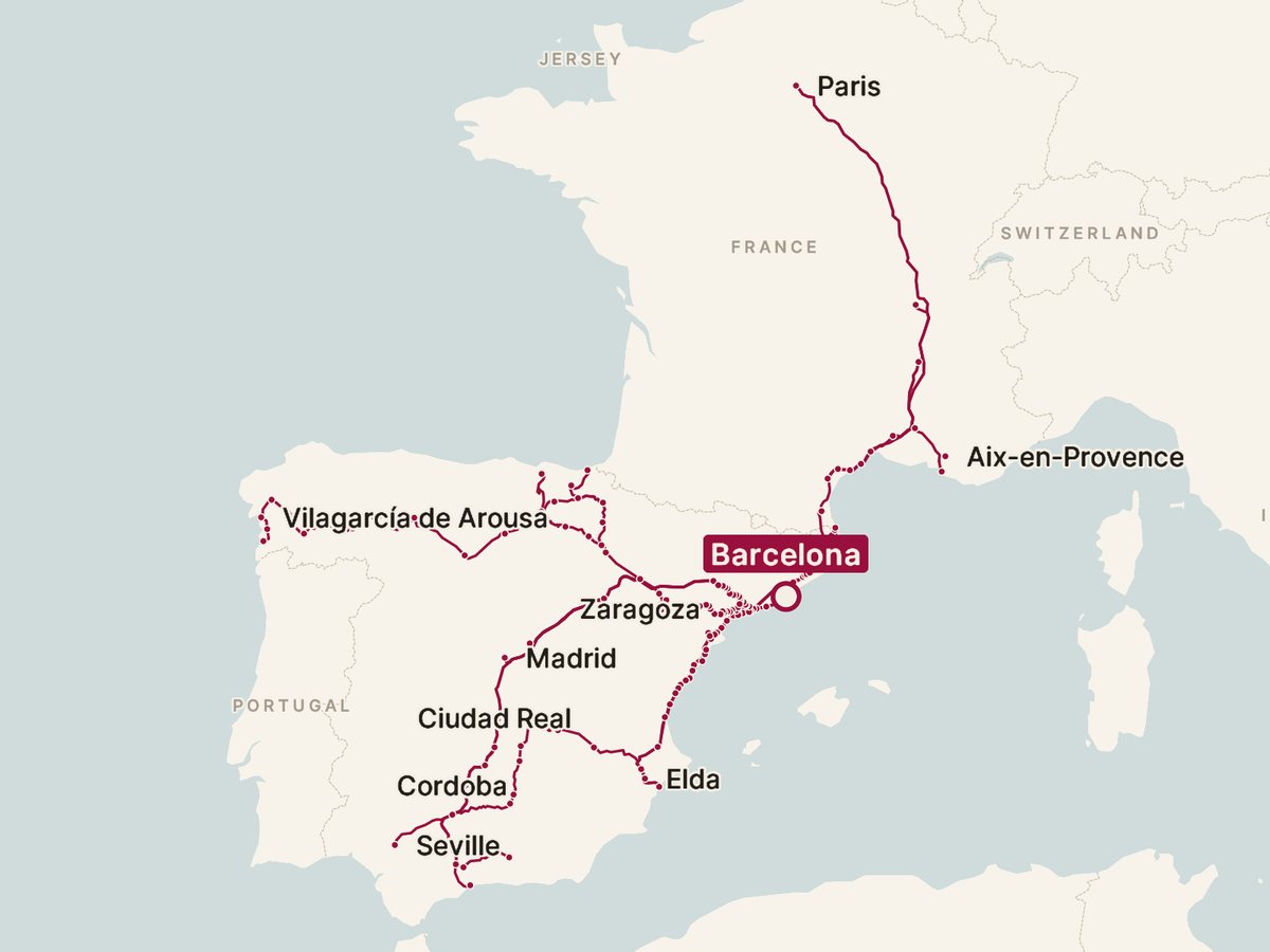 Map of every direct train from Barcelona