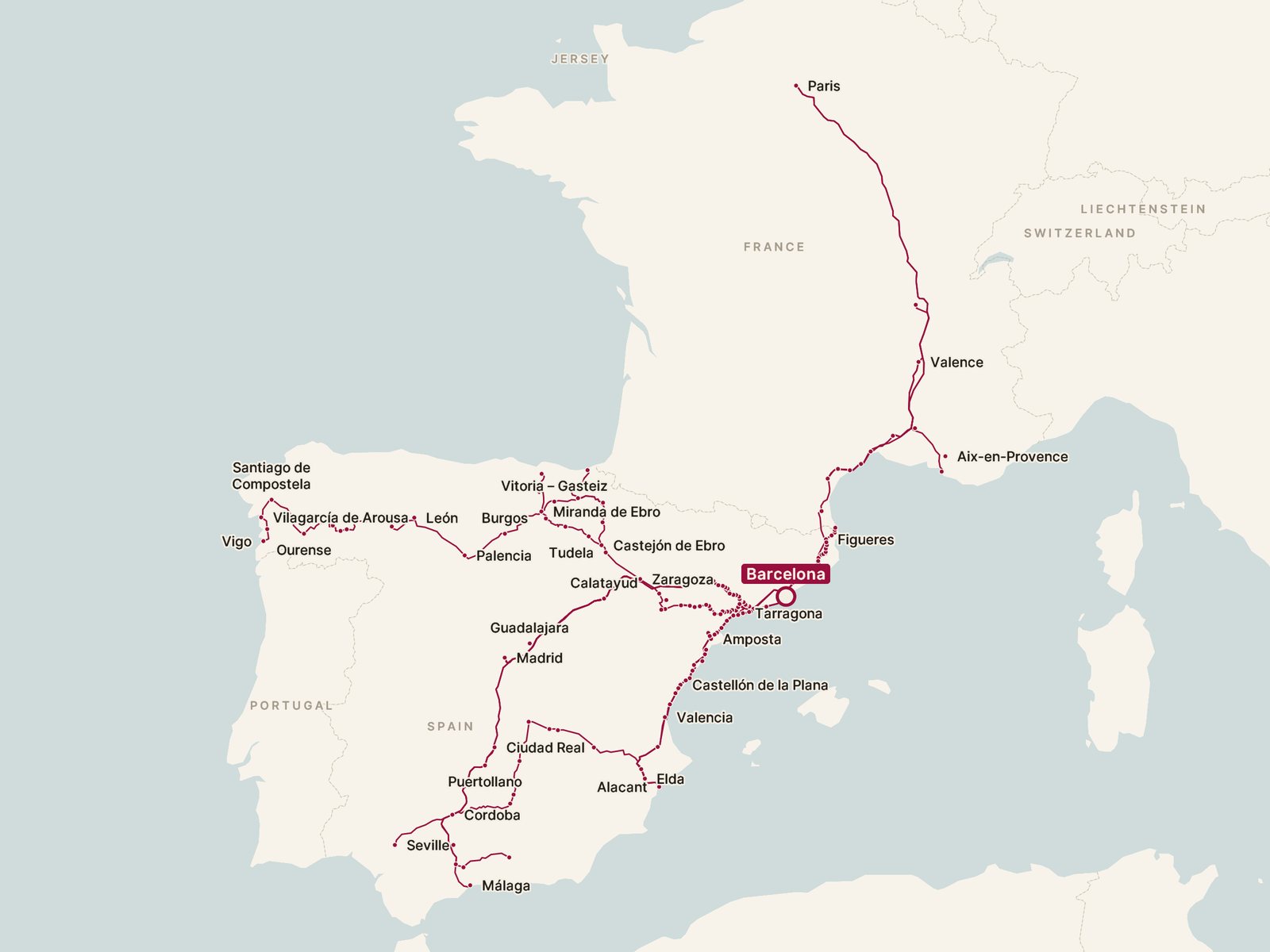 Map of every direct train from Barcelona, drawn along the tracks