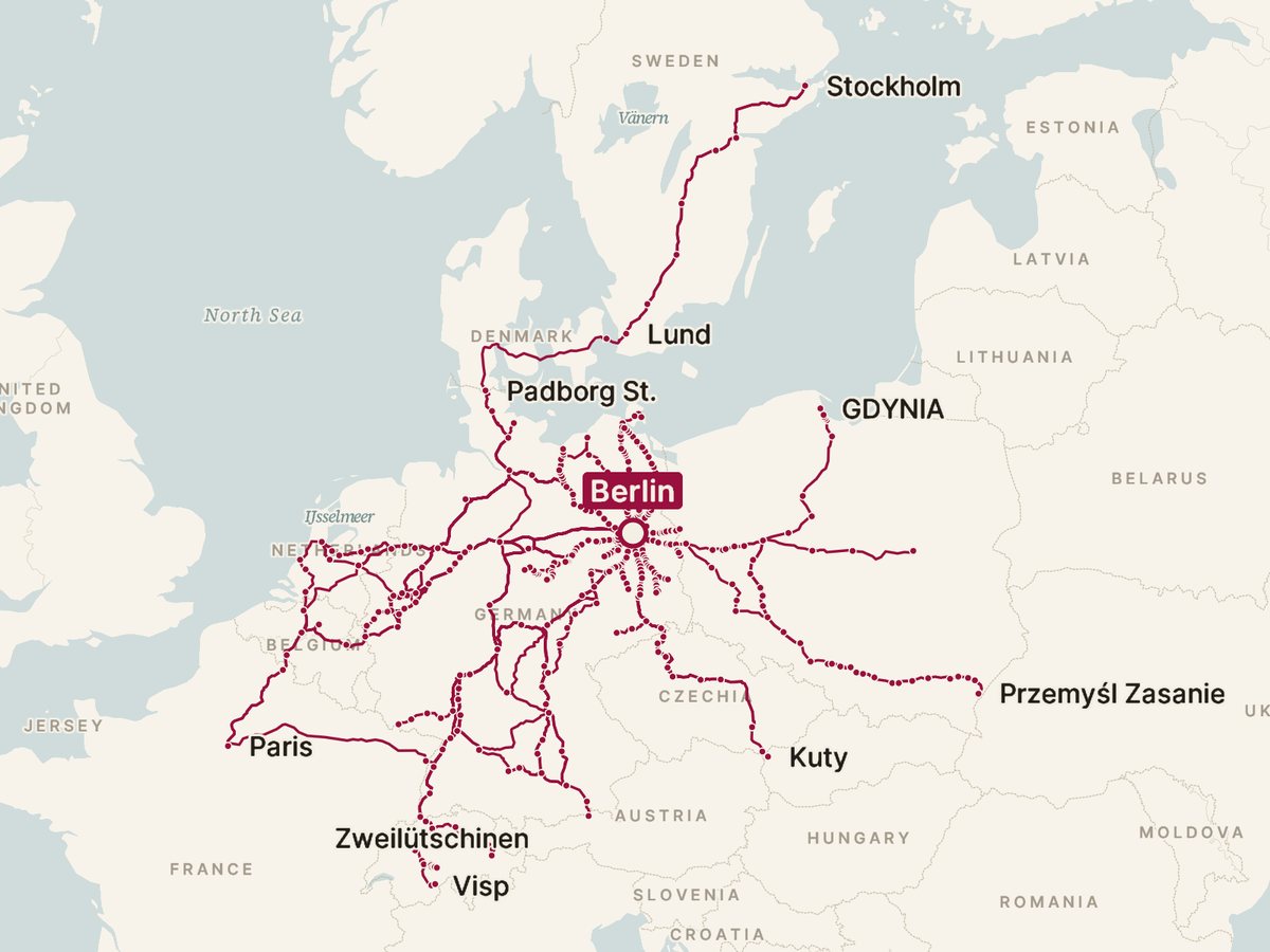 Map of every direct train from Berlin