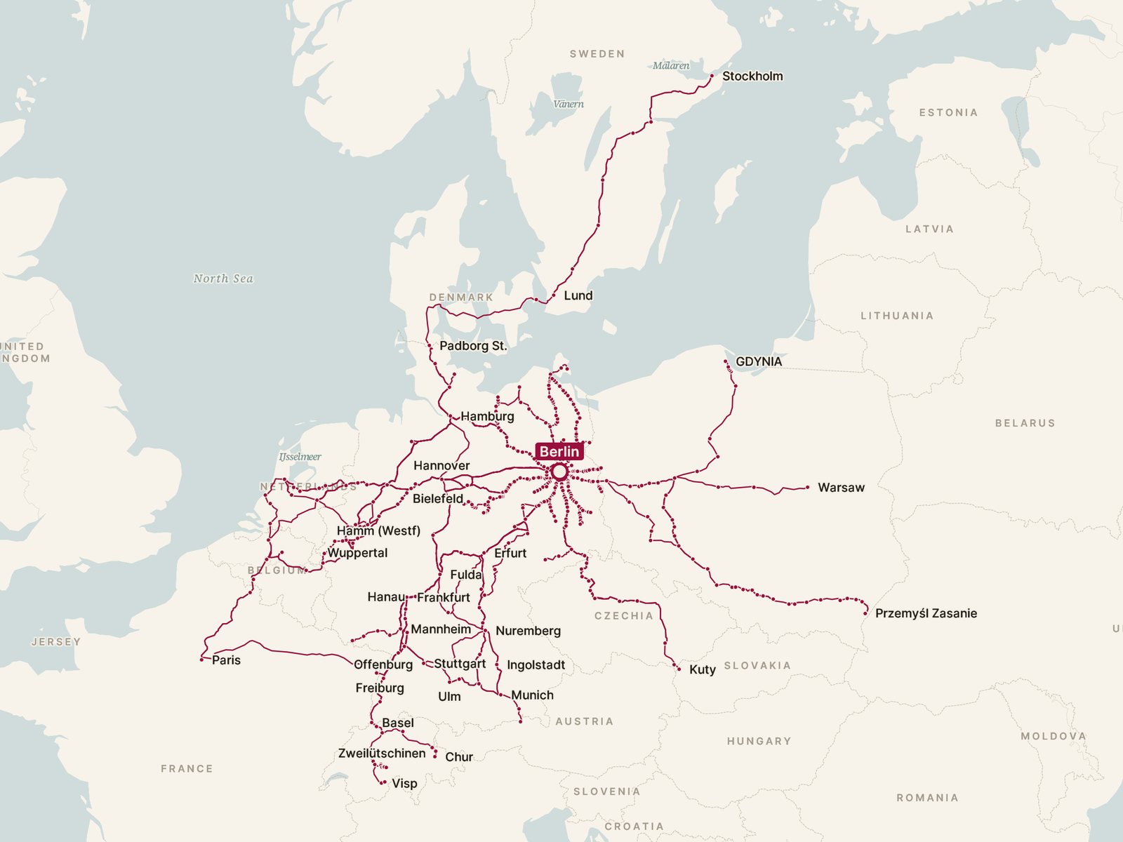 Map of every direct train from Berlin, drawn along the tracks