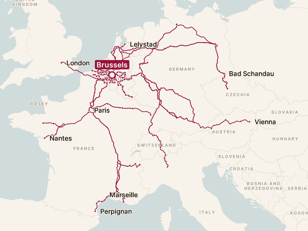 Map of every direct train from Brussels