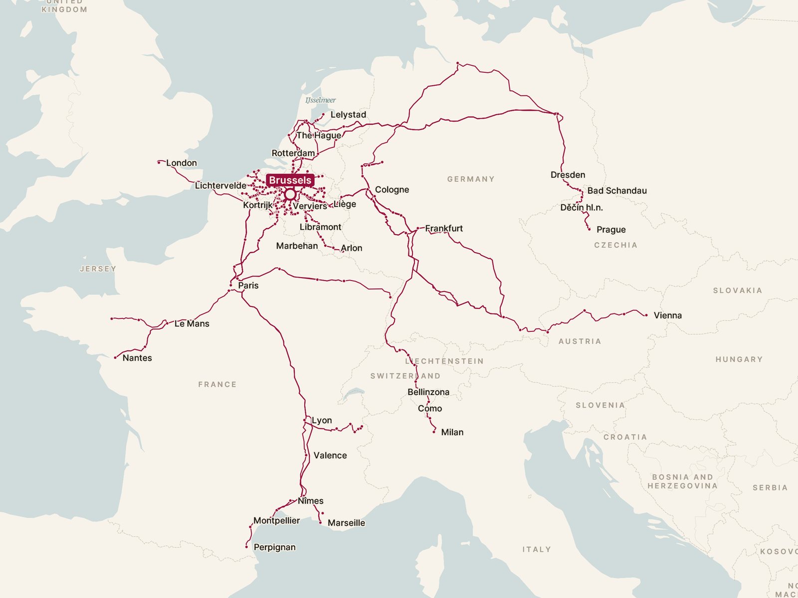 Map of every direct train from Brussels, drawn along the tracks