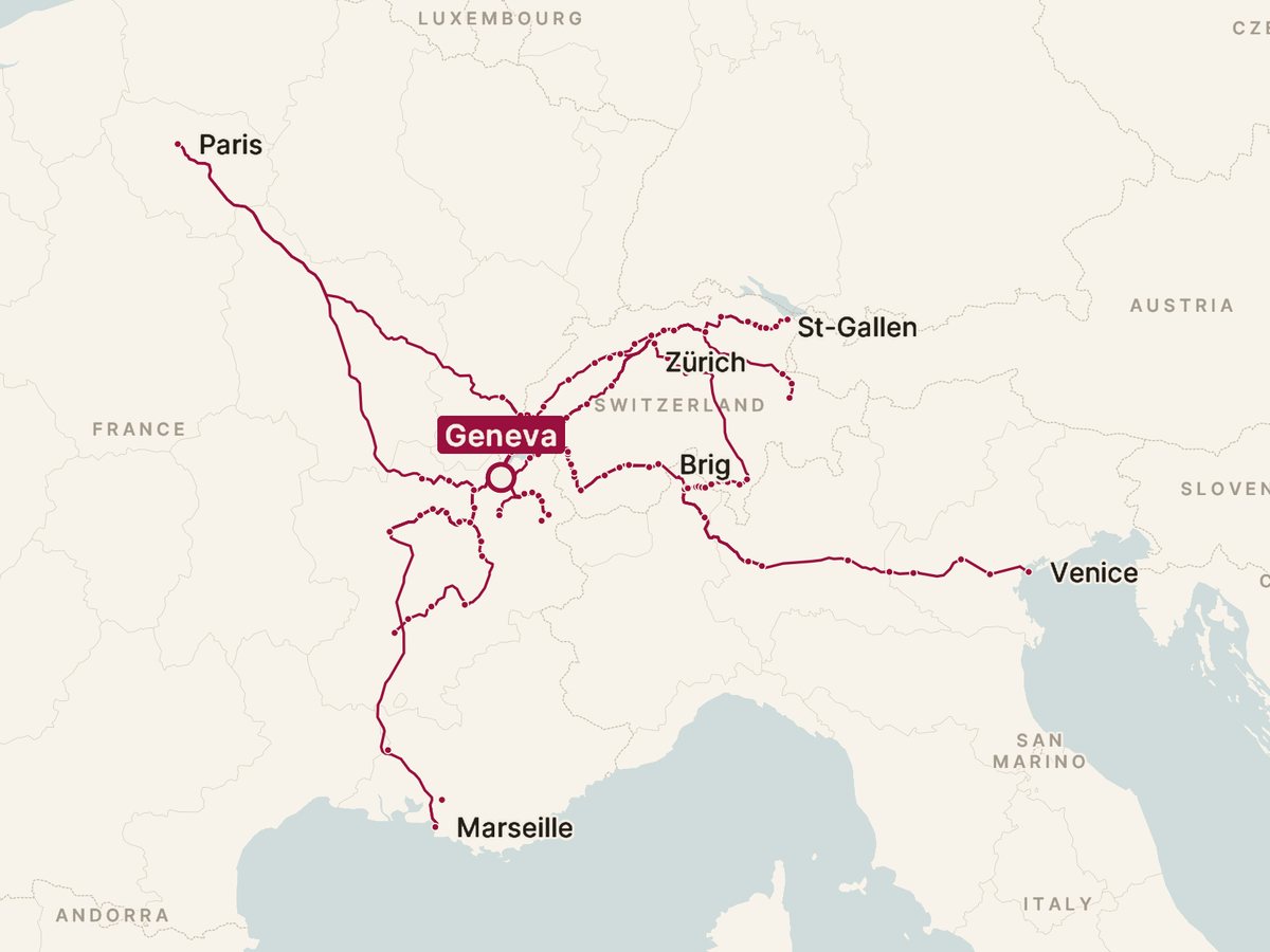 Map of every direct train from Geneva