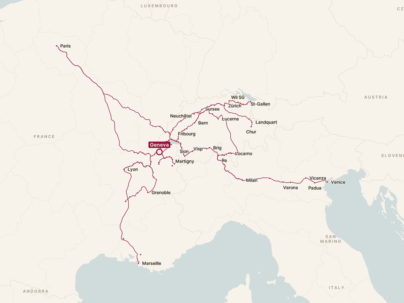 Map of every direct train from Geneva, drawn along the tracks