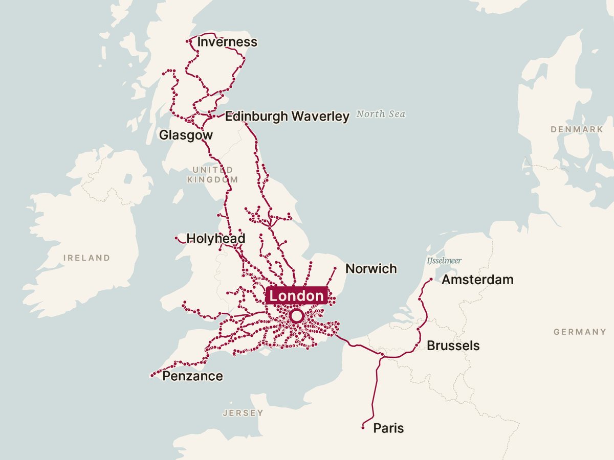 Map of every direct train from London