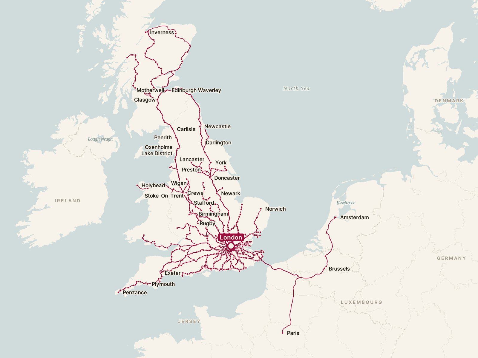 Map of every direct train from London, drawn along the tracks
