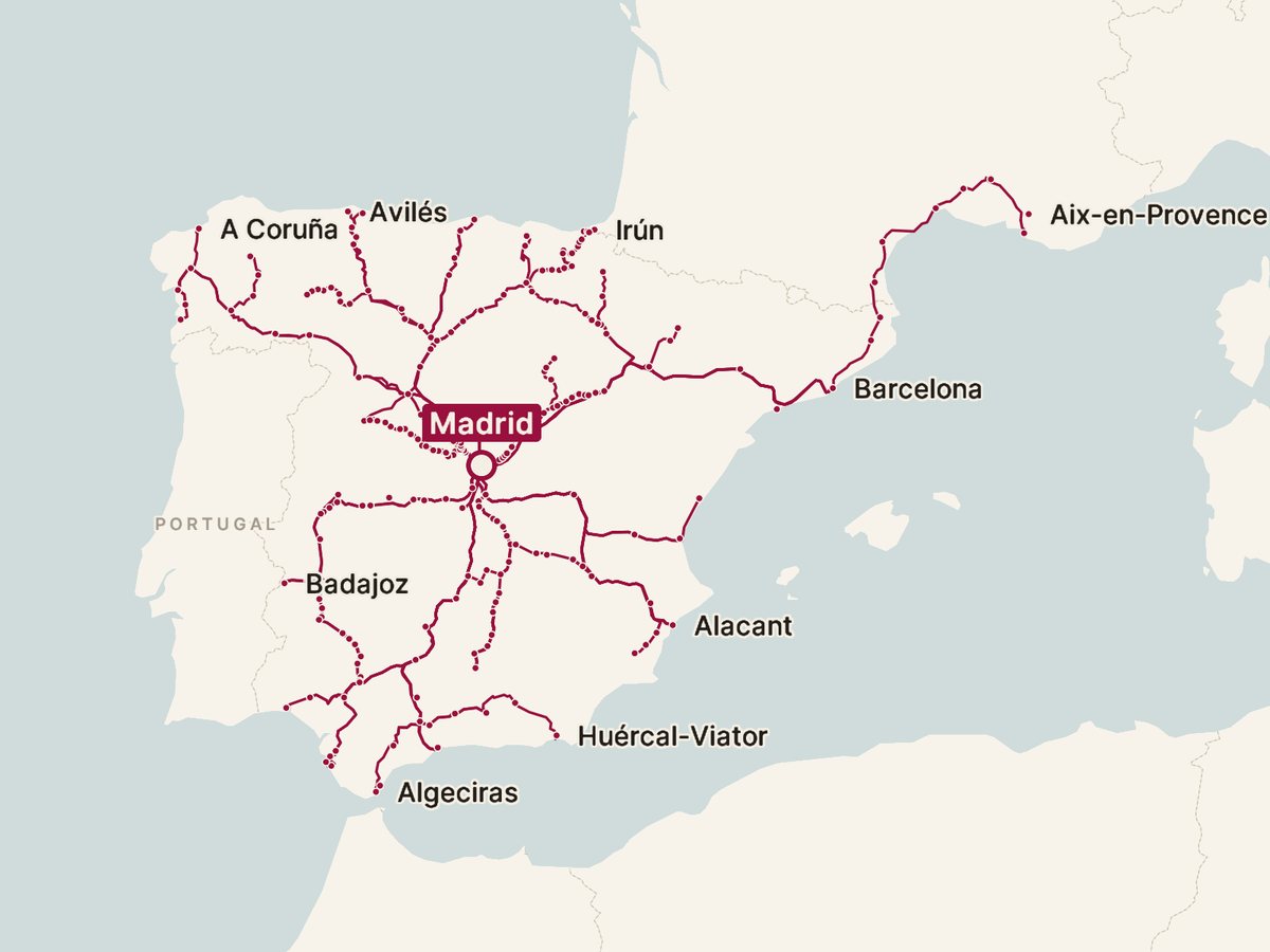 Map of every direct train from Madrid