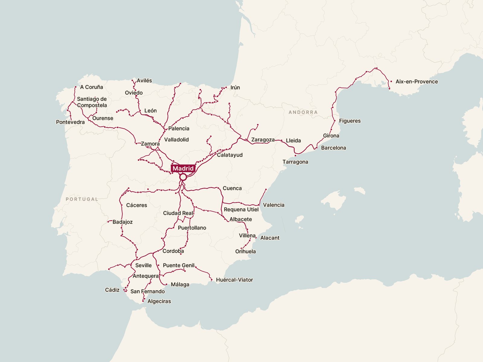 Map of every direct train from Madrid, drawn along the tracks