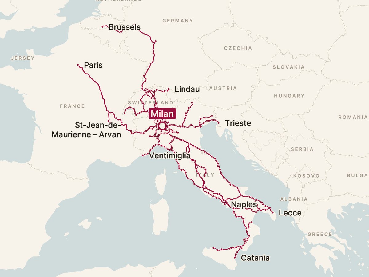 Map of every direct train from Milan