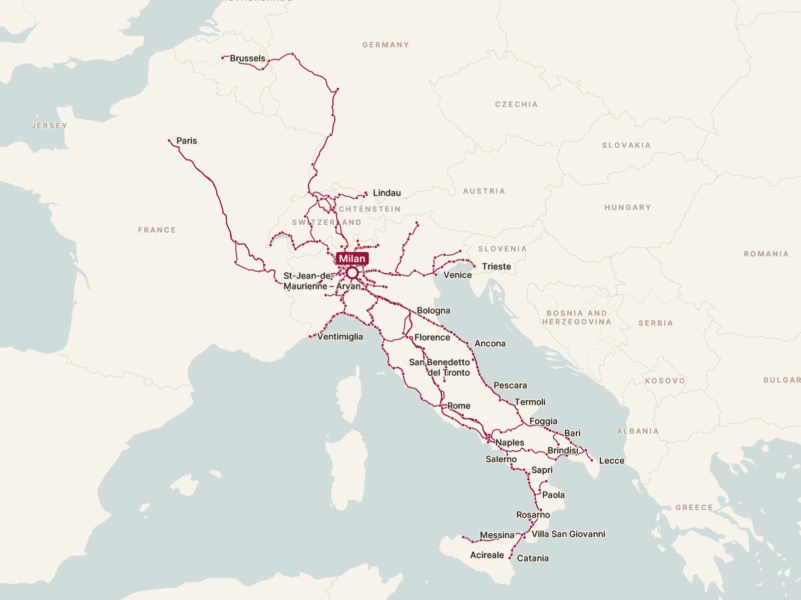 Map of every direct train from Milan, drawn along the tracks