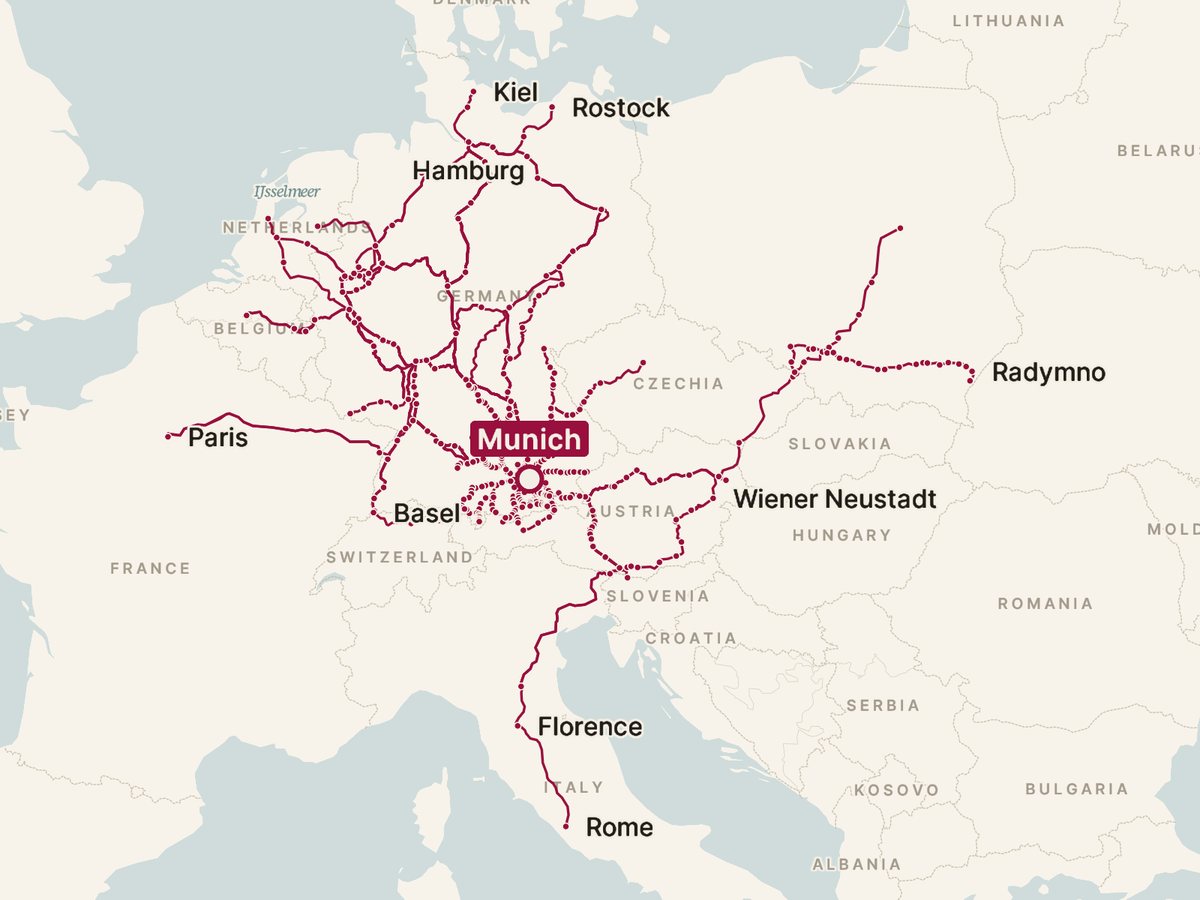 Map of every direct train from Munich