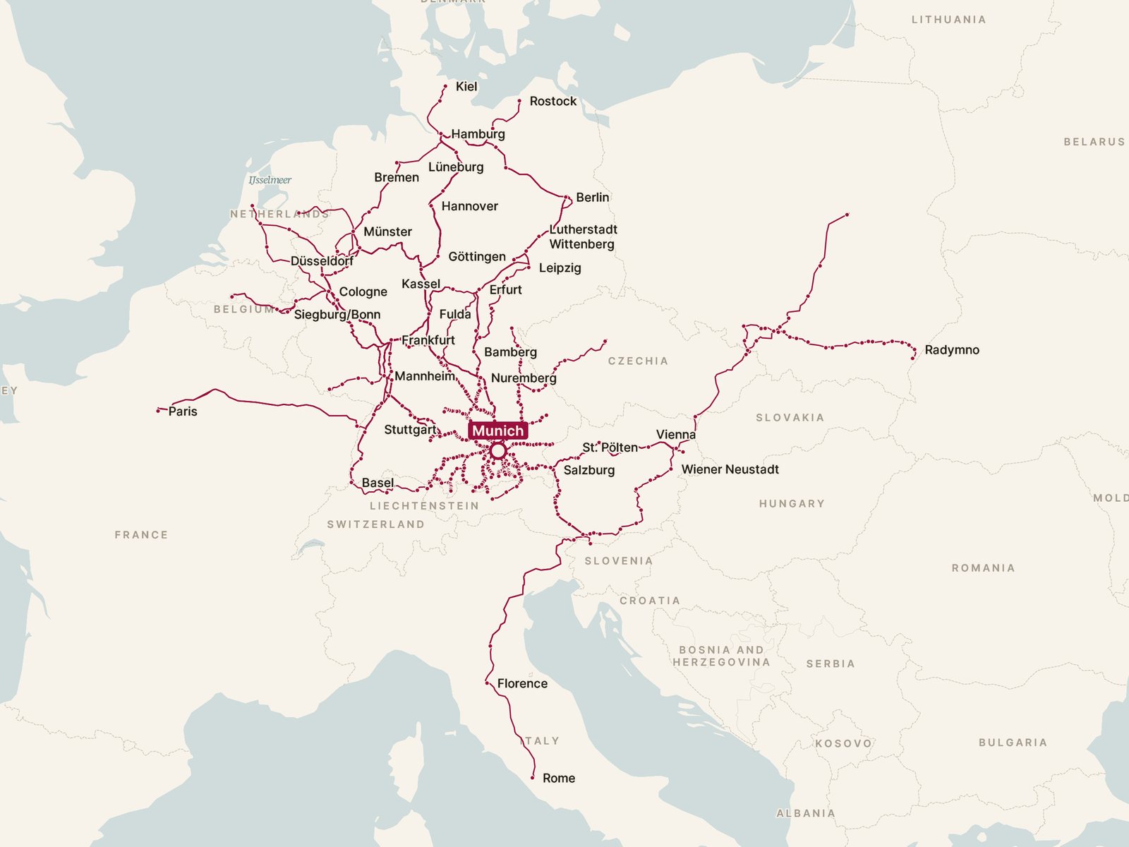 Map of every direct train from Munich, drawn along the tracks