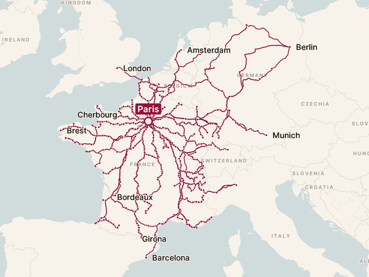 Map of every direct train from Paris