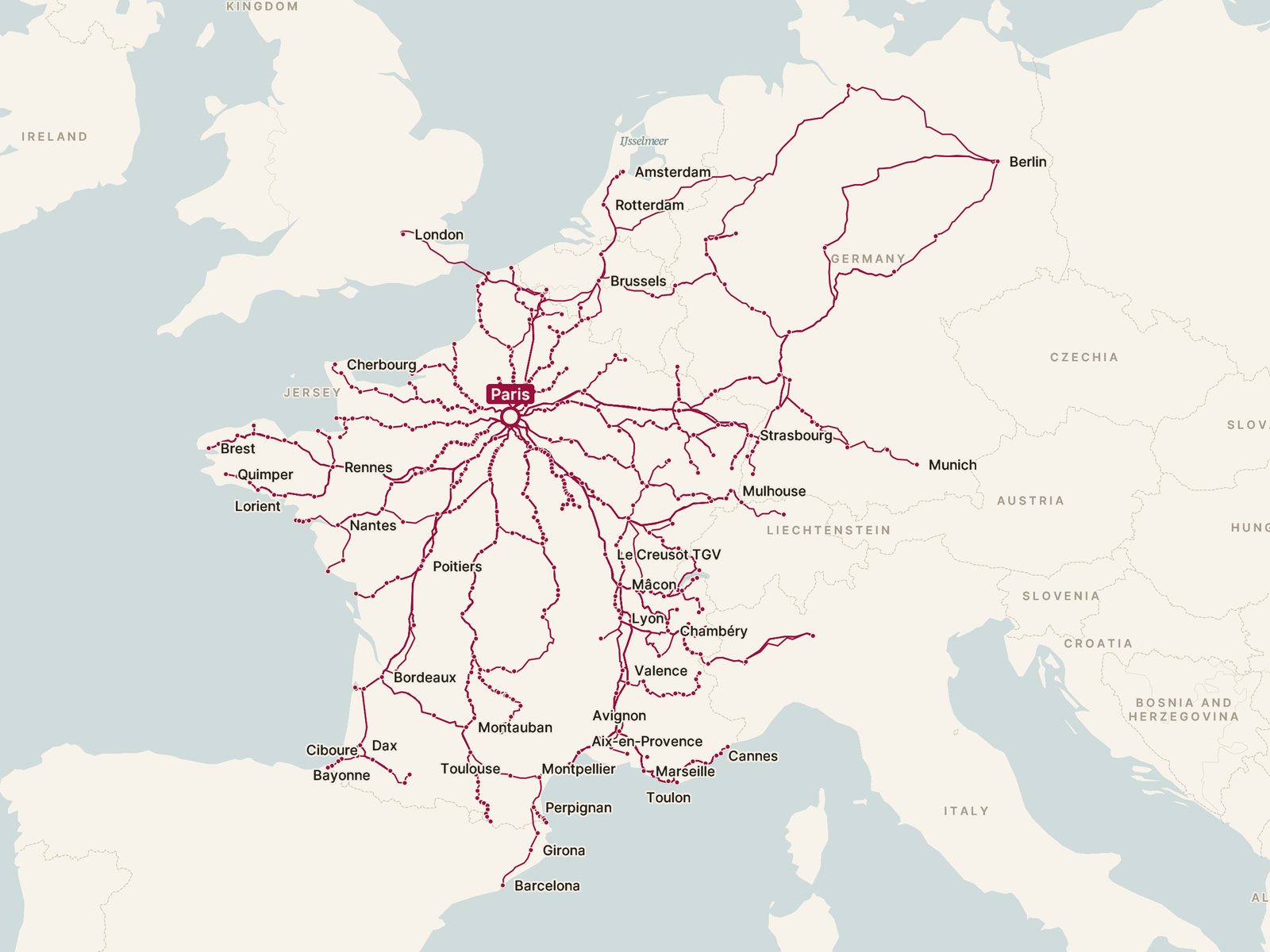 Map of every direct train from Paris, drawn along the tracks
