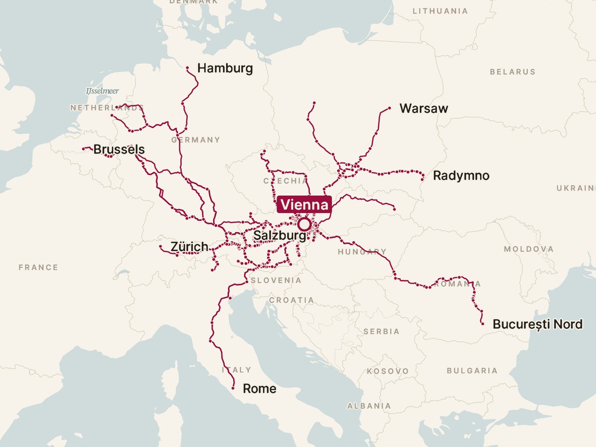 Map of every direct train from Vienna