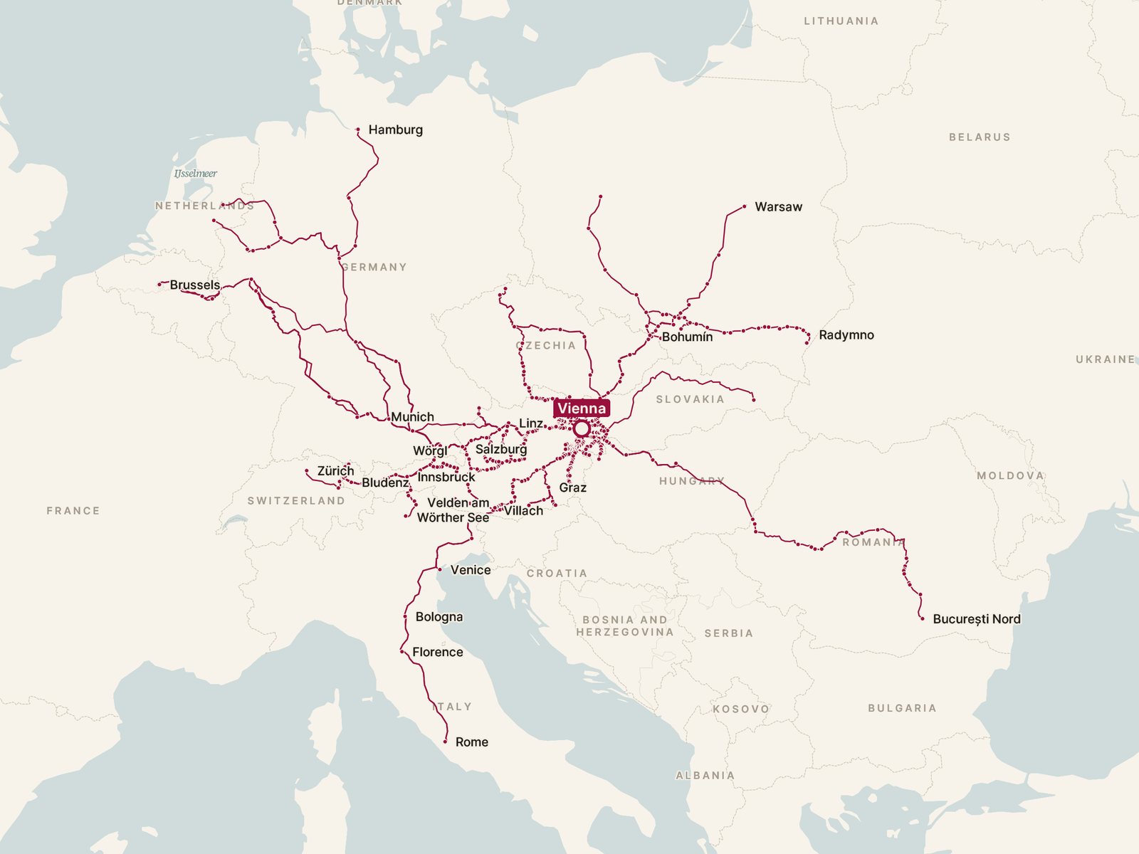 Map of every direct train from Vienna, drawn along the tracks