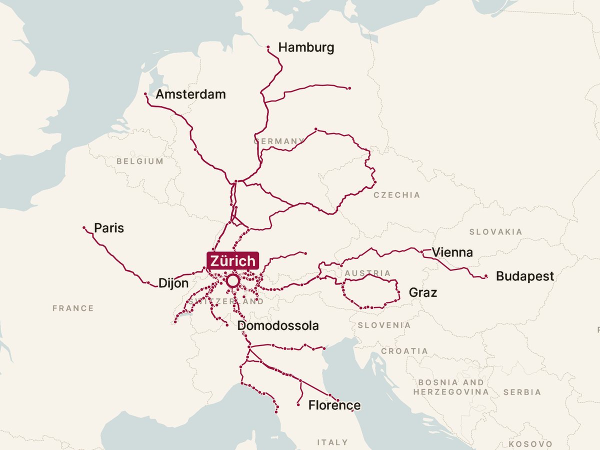 Map of every direct train from Zürich