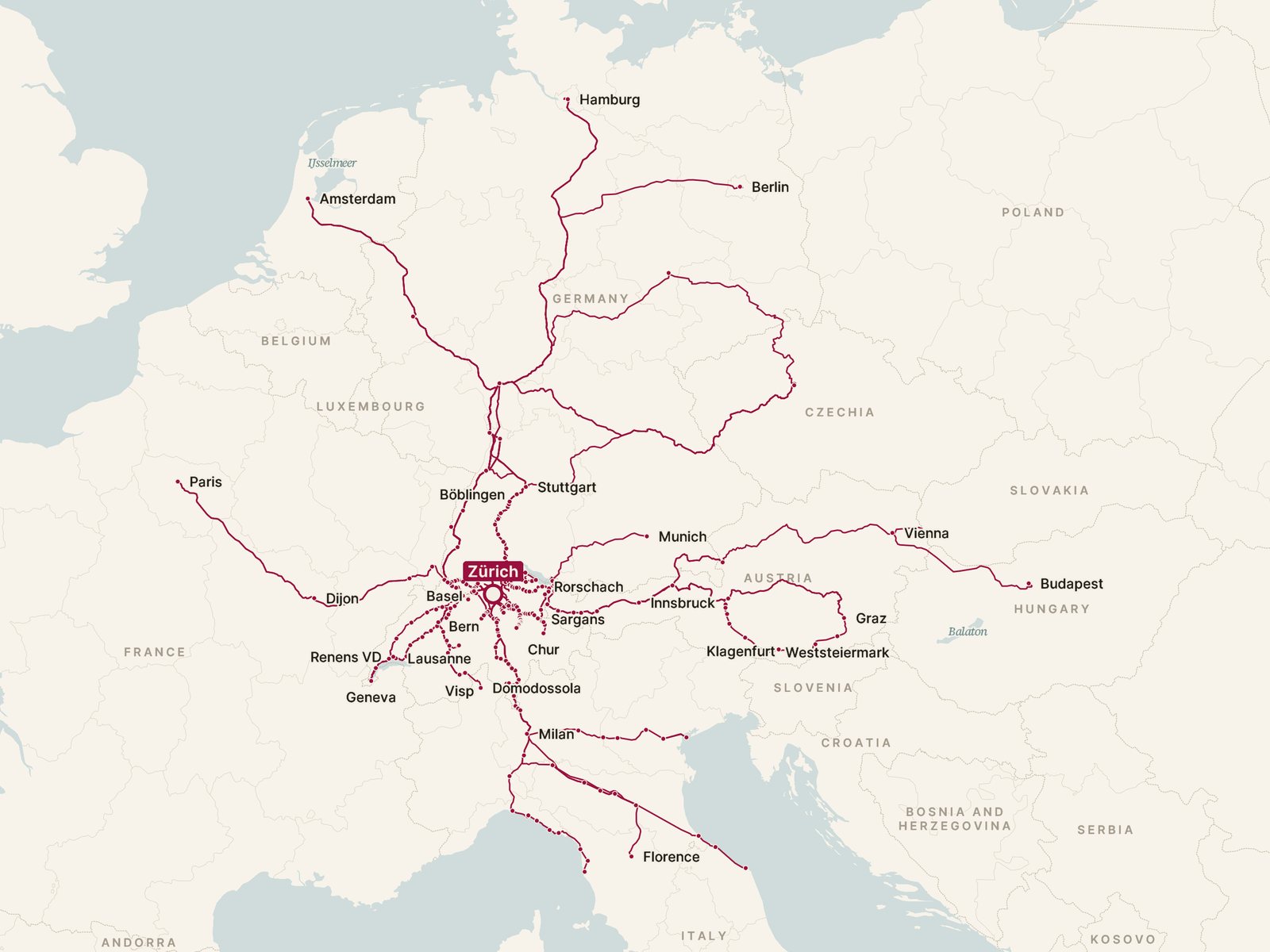 Map of every direct train from Zürich, drawn along the tracks