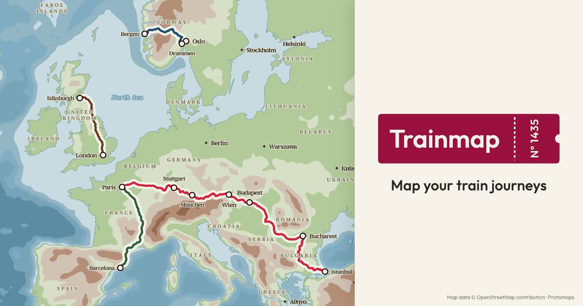 Train journeys across Europe, drawn along the tracks they actually run on