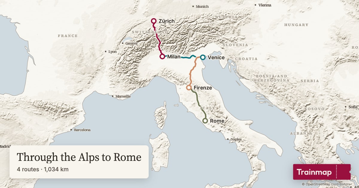 Map of an Interrail route, Through the Alps to Rome, drawn along the railway