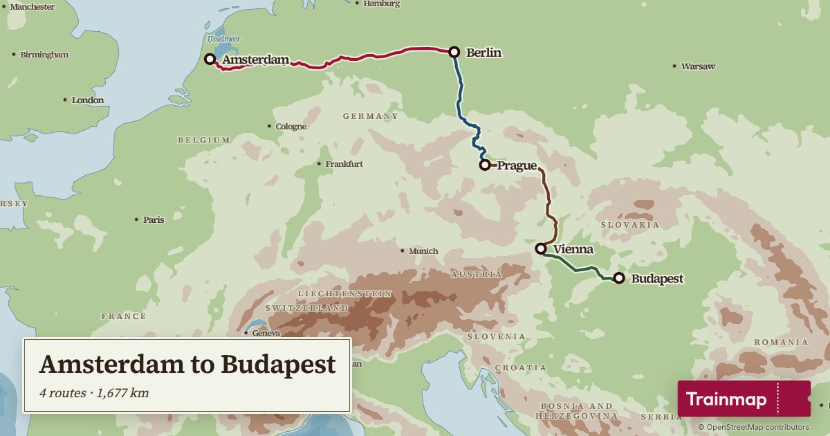 Map of an Interrail route, Amsterdam to Budapest, drawn along the railway