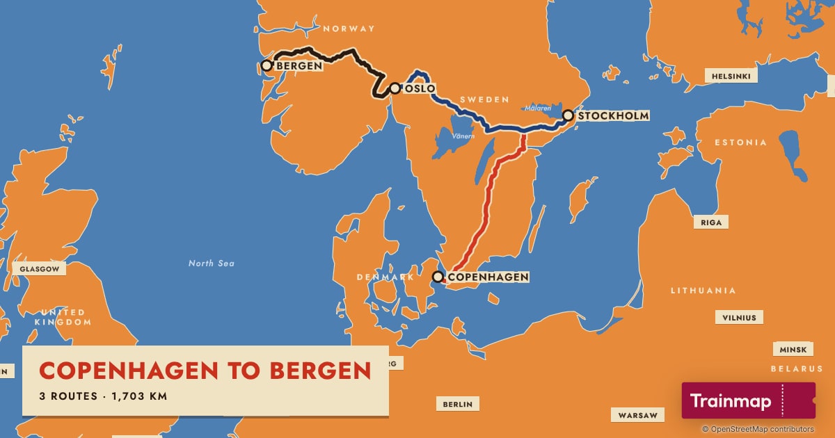 Map of an Interrail route, Copenhagen to Bergen, drawn along the railway