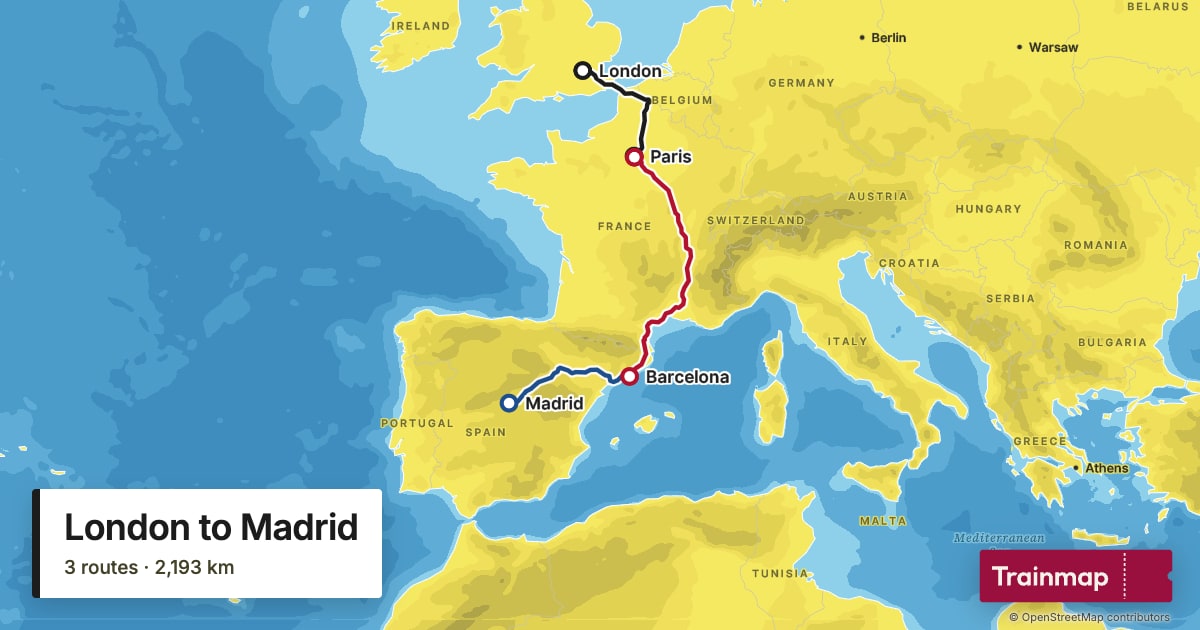 Map of an Interrail route, London to Madrid, drawn along the railway