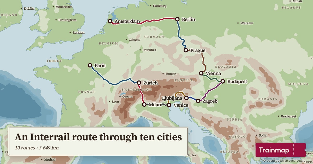 An Interrail route through ten cities, from Amsterdam to Paris by way of Berlin, Prague, Vienna, Budapest, Zagreb, Ljubljana, Venice, Milan and Zürich, drawn along the railway